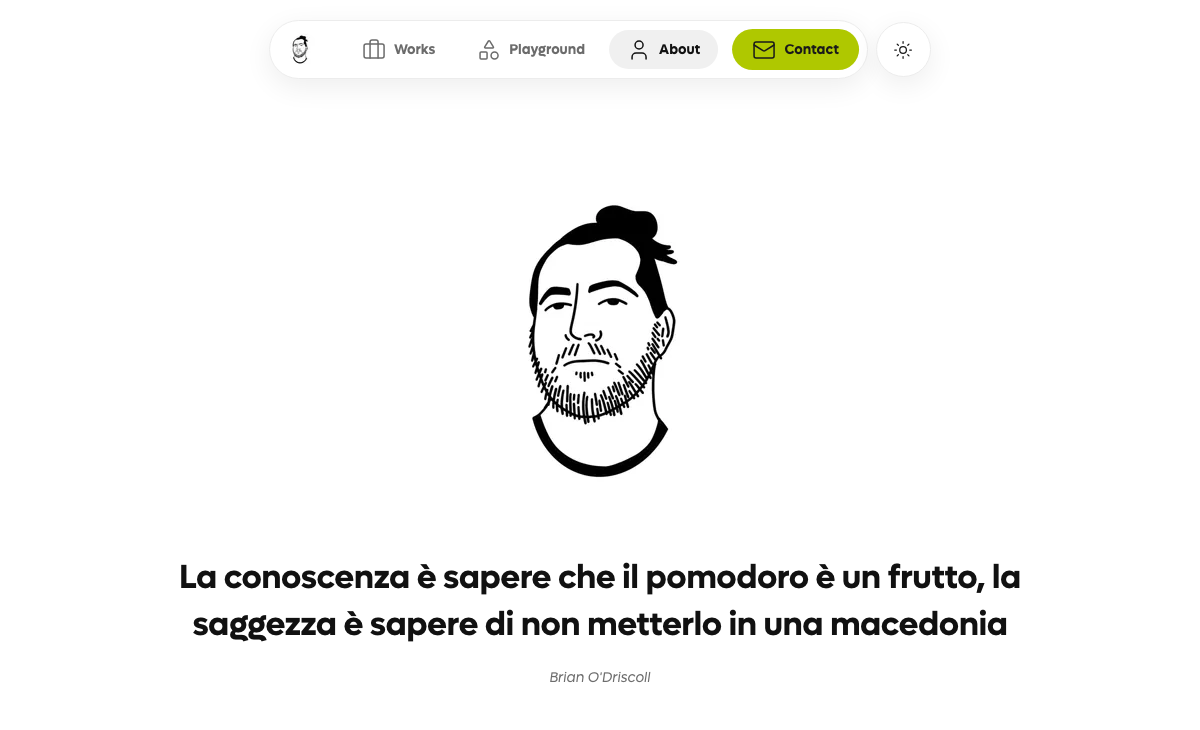 L'apertura della pagina About, il ritratto illustrato e una citazione di Brian O'Driscoll, divisa a metà fra tema chiaro e tema scuro